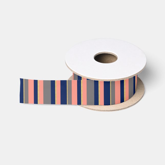 Simple Navy, Gold and Coral Stripe Satin Ribbon (Spool)