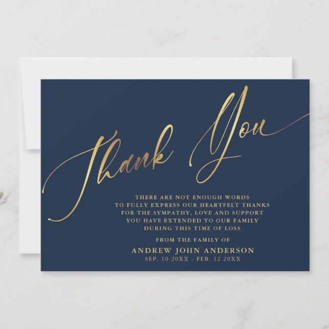 Simple Navy & Gold Calligraphy Funeral Photo Thank You Card (Front)