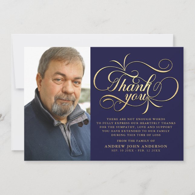 Simple Navy & Gold Calligraphy Funeral   Thank You Card (Front)
