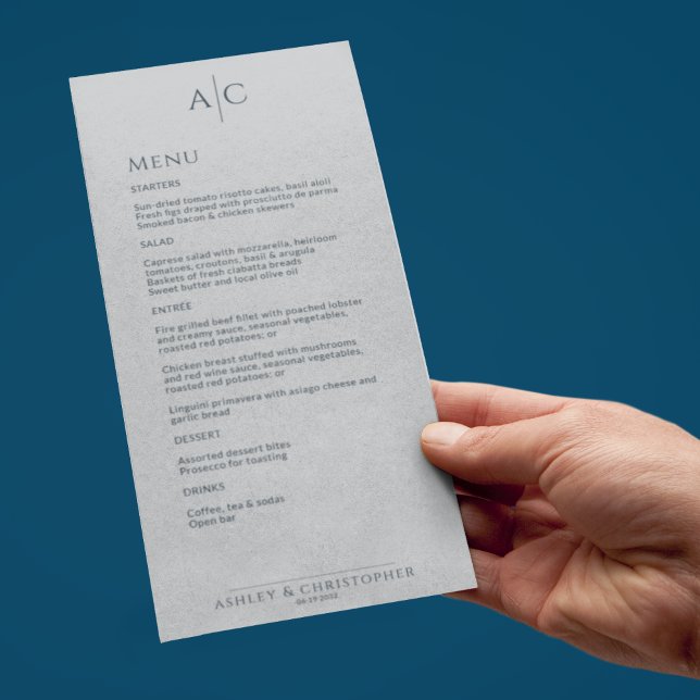 Simple Navy & Grey Monogram Wedding Reception Menu (Creator Uploaded)