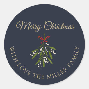 Simple navy mistletoe Christmas  Classic Round Sticker