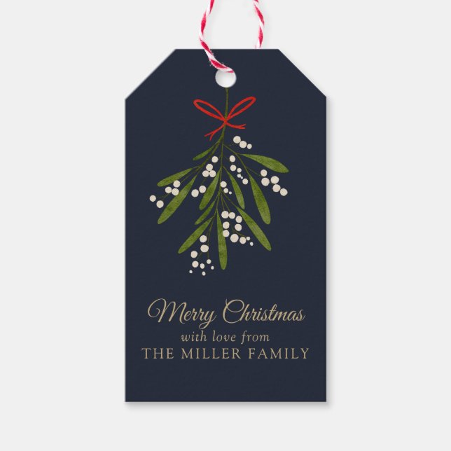 Simple navy mistletoe Christmas gift tag (Front)