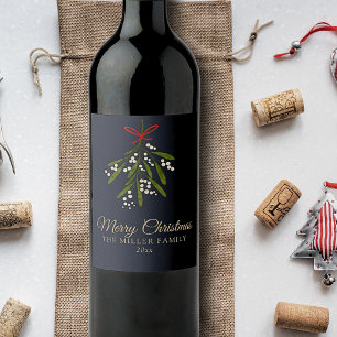Simple navy mistletoe Christmas  Wine Label