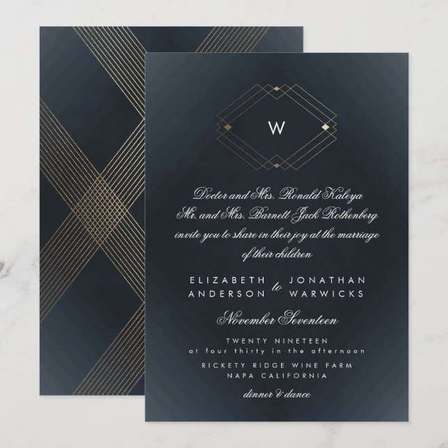 Simple Navy Modern Monogram Script Gold Invitation (Front/Back)
