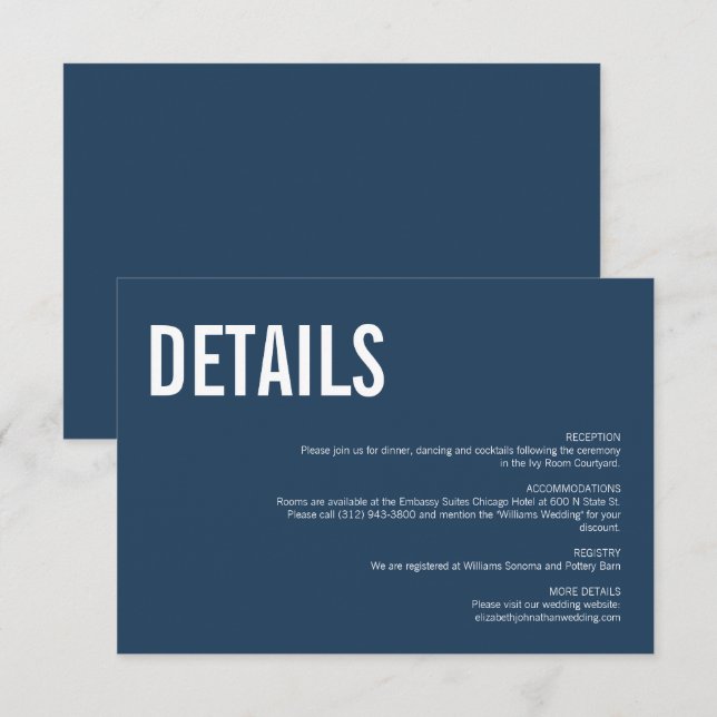 Simple Navy Typography Wedding Details Enclosure Card (Front/Back)