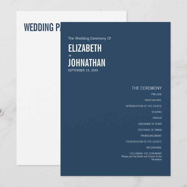 Simple Navy Typography Wedding Program (Front/Back)