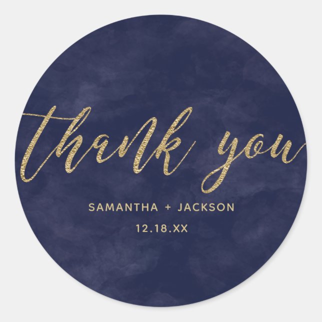 Simple Navy Watercolor & Gold Monogram Wedding Classic Round Sticker (Front)