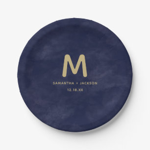 Simple Navy Watercolor & Gold Wedding Monogram Paper Plate