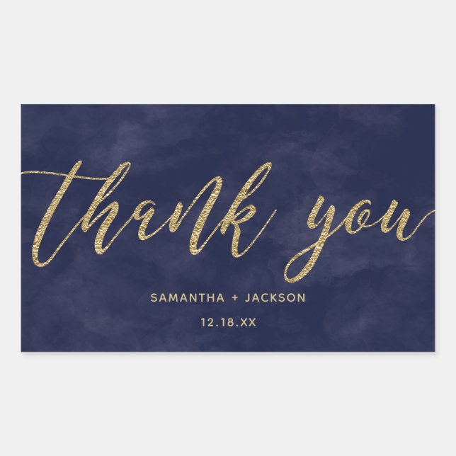 Simple Navy Watercolor & Gold Wedding Thank You Sticker (Front)