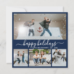 Simple Navy White 4 Photo Collage Happy Holiday Card