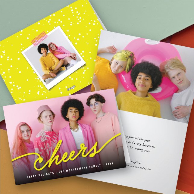 Simple Neon Yellow Cheers Calligraphy Script Photo Holiday Card (Simple Neon Yellow Cheers Calligraphy Script Photo Holiday Folded Card @ fat_fa_tin)