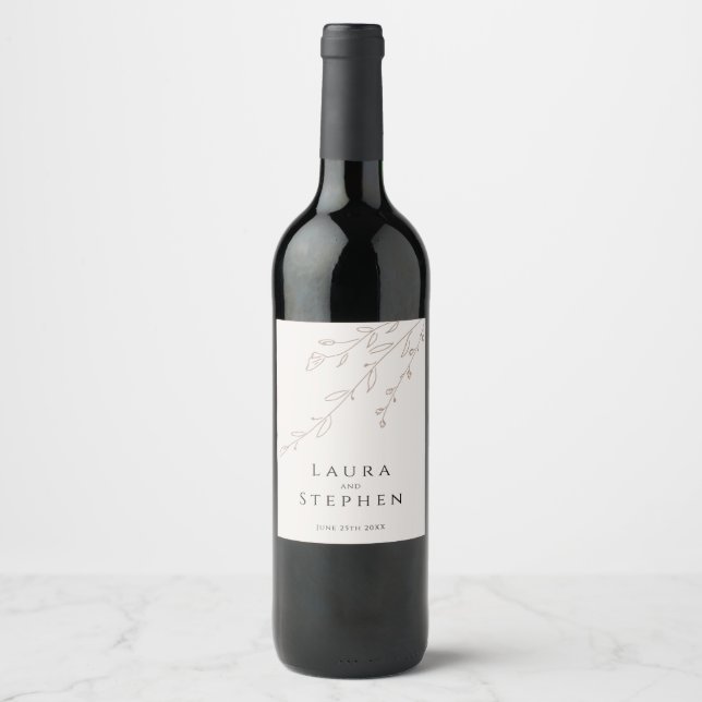 Simple Neutral Beige Botanical Wedding Custom Wine Label (Front)