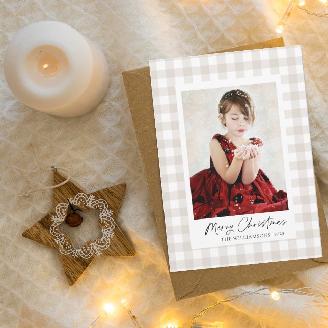 Simple Neutral Gingham Photo Christmas Card  (Creator Uploaded)