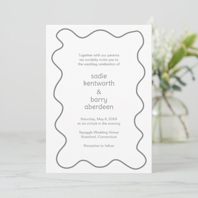 Simple Neutral Grey Squiggle Frame Modern Wedding Invitation (Standing Front)