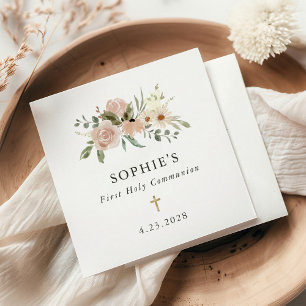 Simple Neutral Watercolor Flowers First Communion Napkin