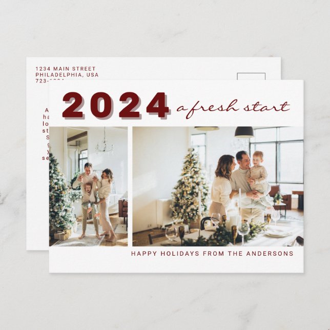 Simple New Year A fresh Start Two Photo Holiday Postcard (Front/Back)