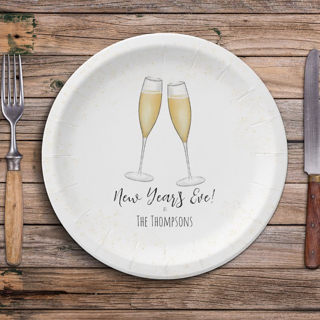 Simple New Years Party Champagne Watercolor Gold Paper Plate (New Year's Eve holiday watercolor whimsical champagne flutes paper plate. )