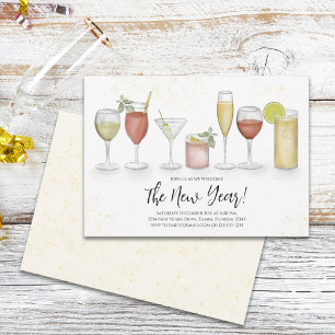 Simple New Years Party Cocktail Drinks Watercolor Invitation