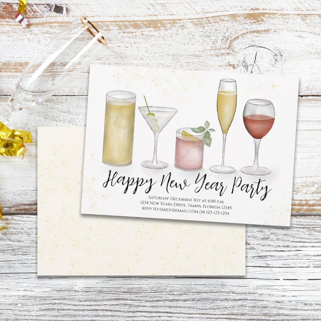 Simple New Years Party Cocktail Drinks Watercolor Invitation (Creator Uploaded)