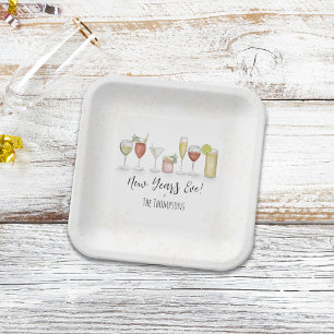 Simple New Years Party Cocktail Drinks Watercolor Paper Plate