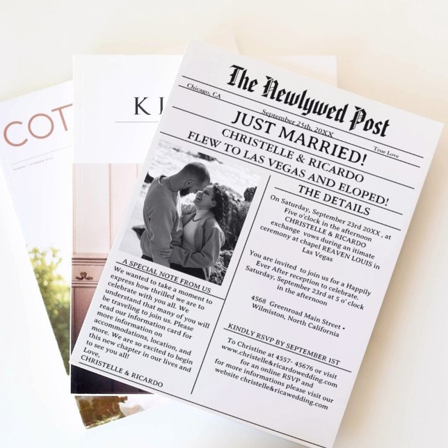 Simple newspaper elopement just married announceme invitation (Creator Uploaded)