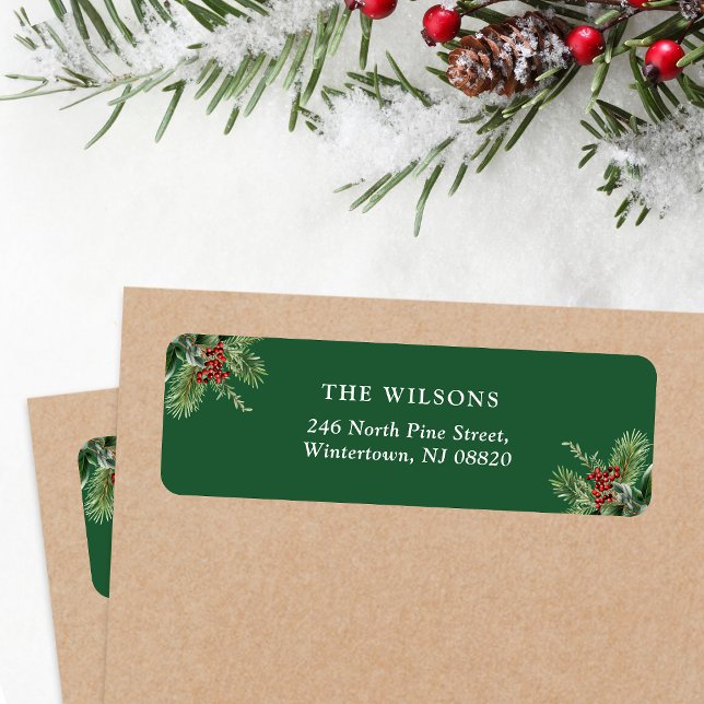 Simple Noël Feuilles & Berries Adresse de retour (Simple elegant Christmas return address label with pine leaves and berries motifs)