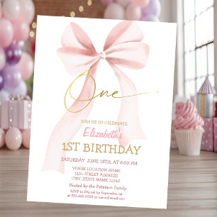 Simple Nœud Rose Rayures Invitation 1er Anniversai
