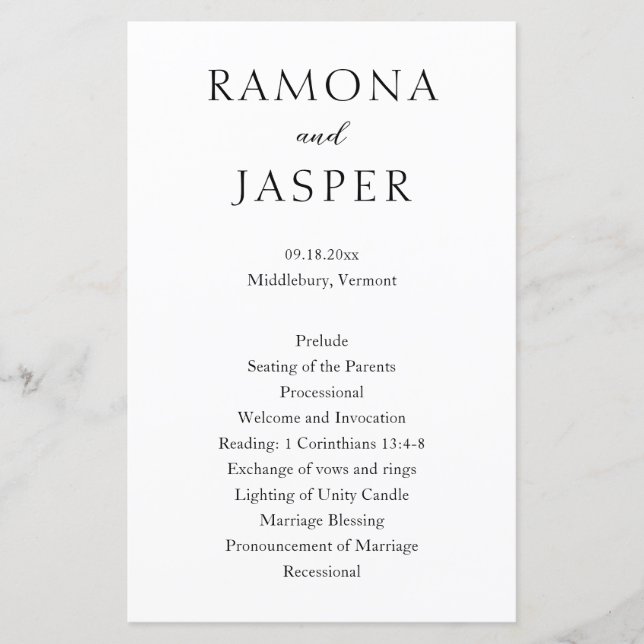 Simple Noir et Blanc Gras Programme de mariage mod (Devant)
