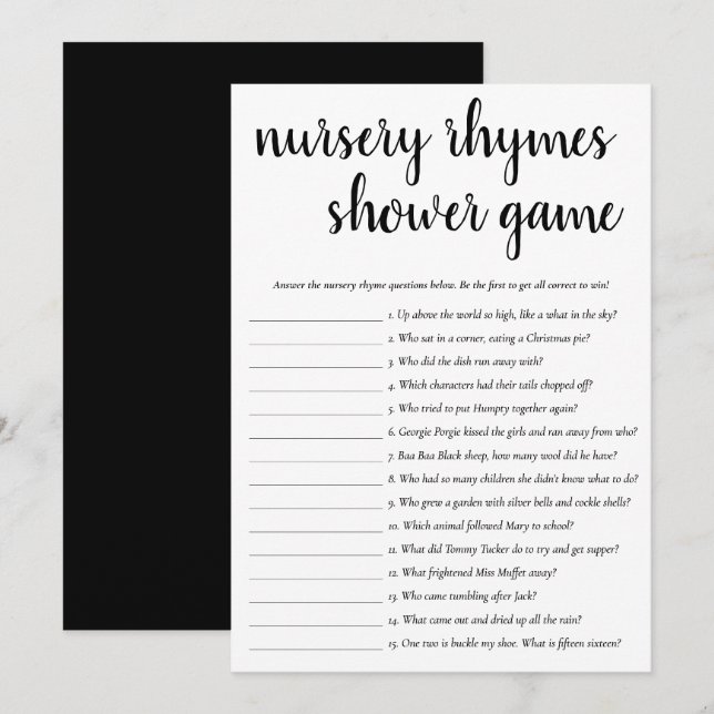 Simple Nursery Rhymes | Black and White Game Card (Front/Back)