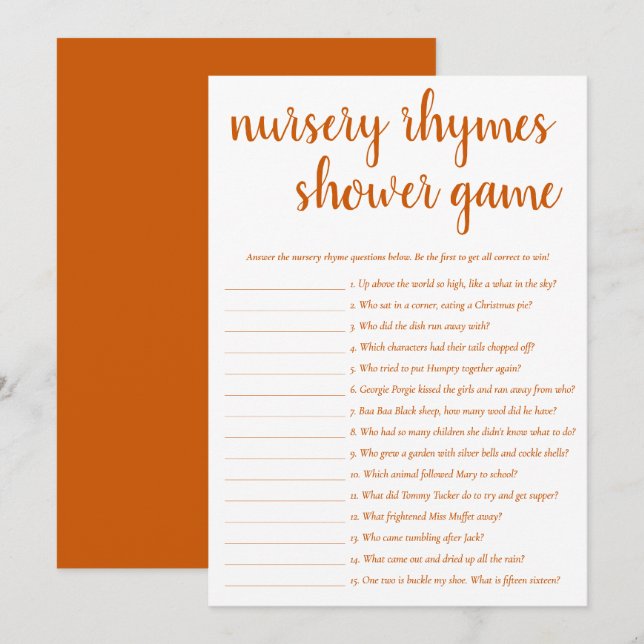 Simple Nursery Rhymes | Fall Orange Game Card (Front/Back)
