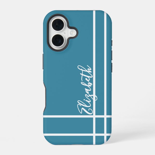 Simple ocean blue minimalist custom name ladies  iPhone 16 case (Back)