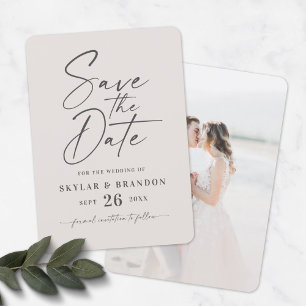 Simple Off-White with Script and Photo Wedding Save The Date