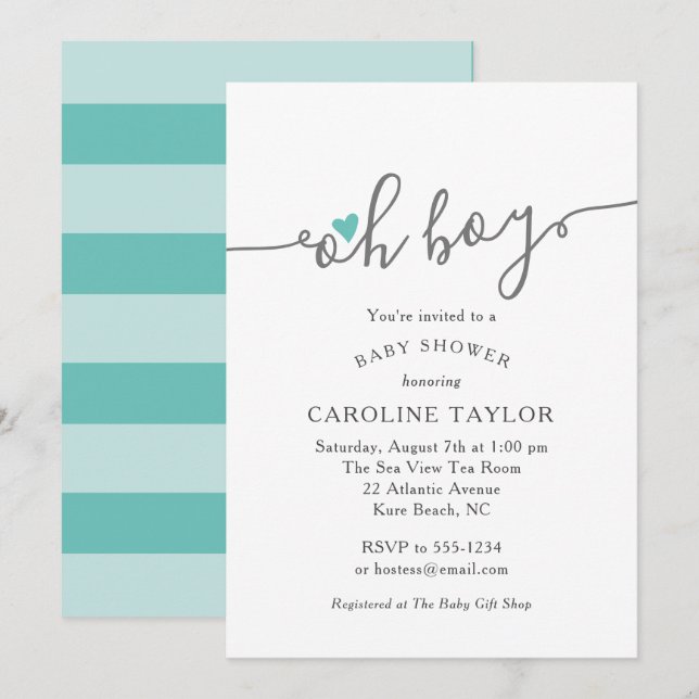Simple Oh Boy Teal Baby Shower Invitation (Front/Back)