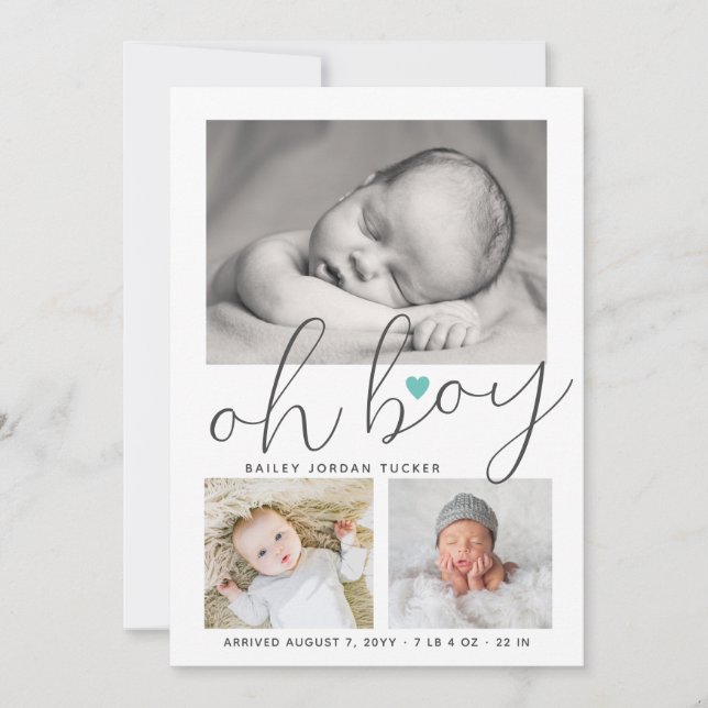 Simple Oh Boy Teal Heart Collage Photo Birth Announcement (Front)