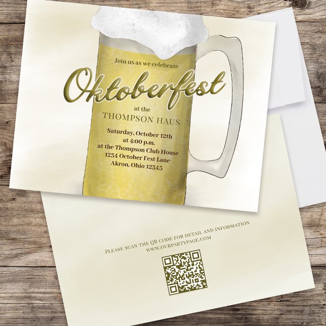 Simple Oktoberfest Watercolor Gold Beer QR Code Invitation (Double-sided Oktoberfest invitation with QR code on the backside.)