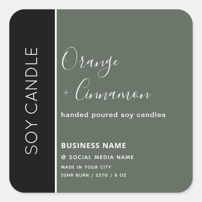 Simple  olive black typography soy candle square sticker (Front)