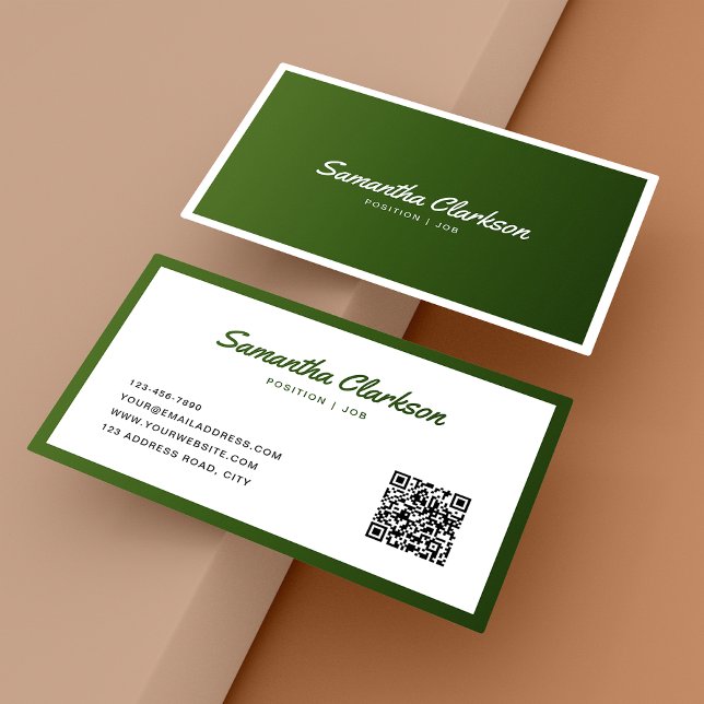Simple Olive Green Border Script QR Code Business Card (Creator Uploaded)
