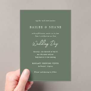 Simple Olive Green Modern Wedding Acrylic Invitations