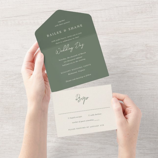 Simple Olive Green Modern Wedding All In One Invitation (Tearaway)