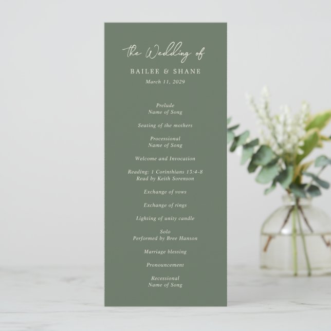 Simple Olive Green Modern Wedding Program (Standing Front)