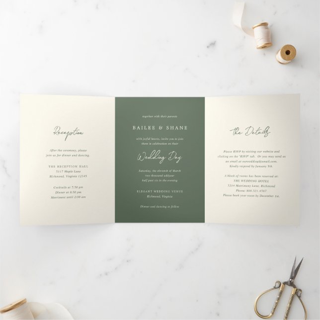 Simple Olive Green Modern Wedding Tri-Fold Invitation (Inside)