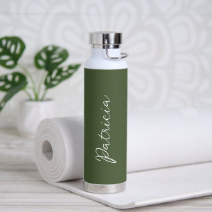 Simple Olive Green Name Elegant Script Modern Water Bottle