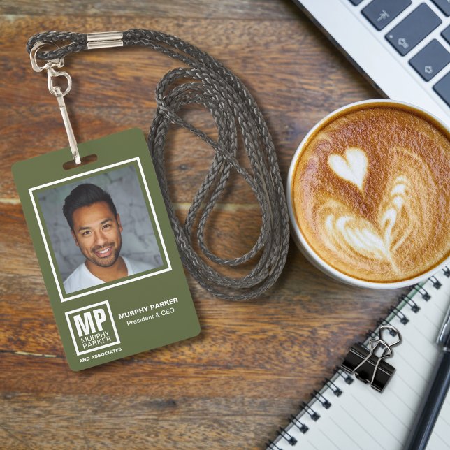 Simple Olive Green Square Monogram Logo Photo Badg Badge (Creator Uploaded)