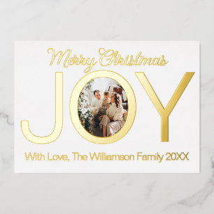 Simple One Photo Modern Joy Quote Typography Foil Holiday Card