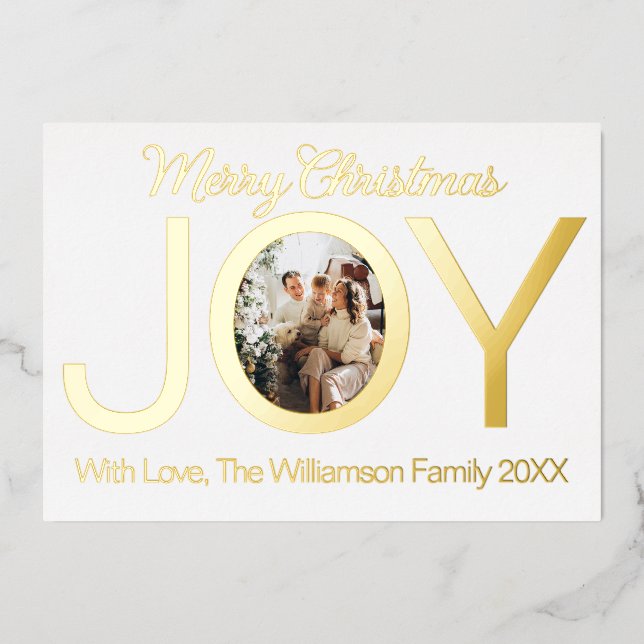 Simple One Photo Modern Joy Quote Typography Foil Holiday Card (Front)