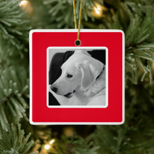 Simple One Photo Red and White Christmas Ceramic Ornament