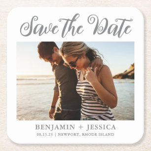 Simple One Photo Wedding Save the Date Square Paper Coaster