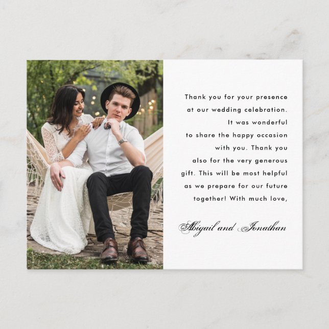 Simple One Photo Wedding Thank You Message Postcard (Front)