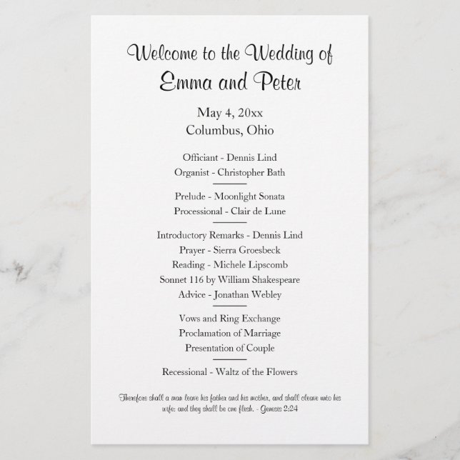 Simple One-sided Half-sheet Paper Wedding Program (Front)