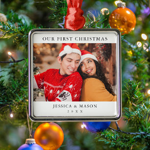 Simple One Sided Our First Christmas Couple Photo Metal Ornament